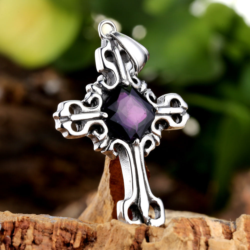 Cross Pendant In 316 Stainless Steel With Diamond Inlay, Featuring A Polished Retro Style And Red Accent