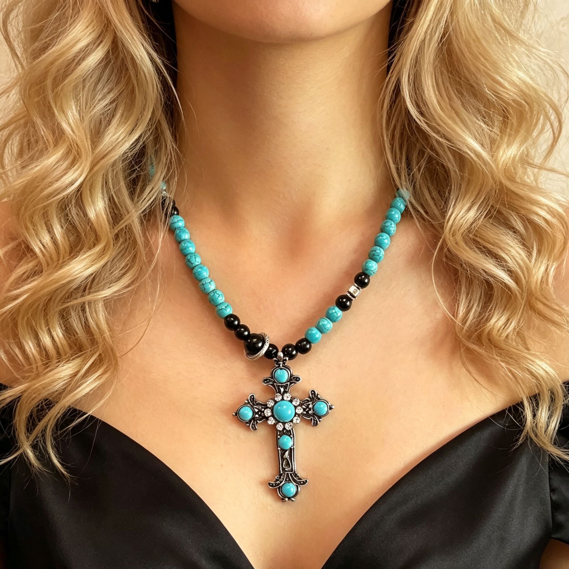 Ethnic Style Green Beaded Cross Long Necklace For Women With Turquoise Inlay And Alloy Material