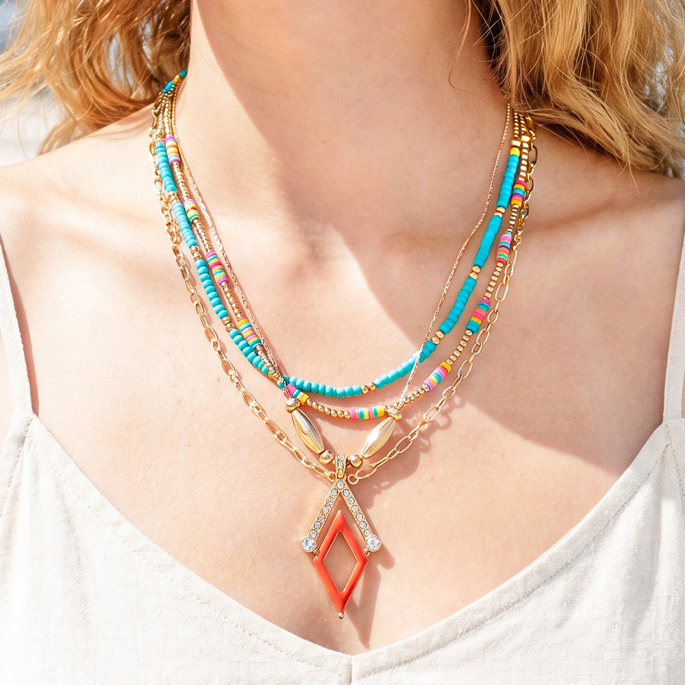 Bohemian Rhombus Layered Necklace For Women With Green Iron Beading And Turquoise Inlay On Ball Chain
