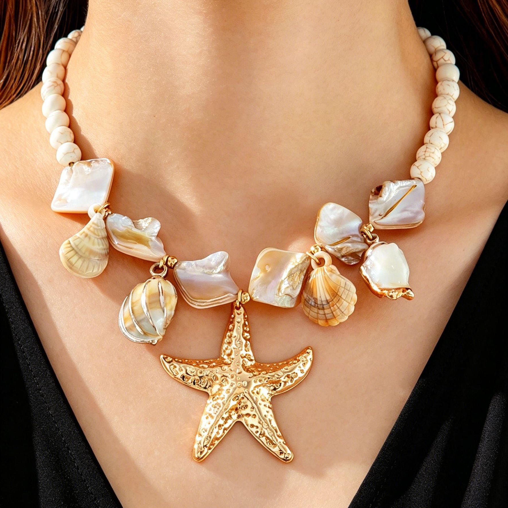 Bohemian Starfish Necklace For Women With Electroplated Alloy Pendant Featuring Turquoise Inlay