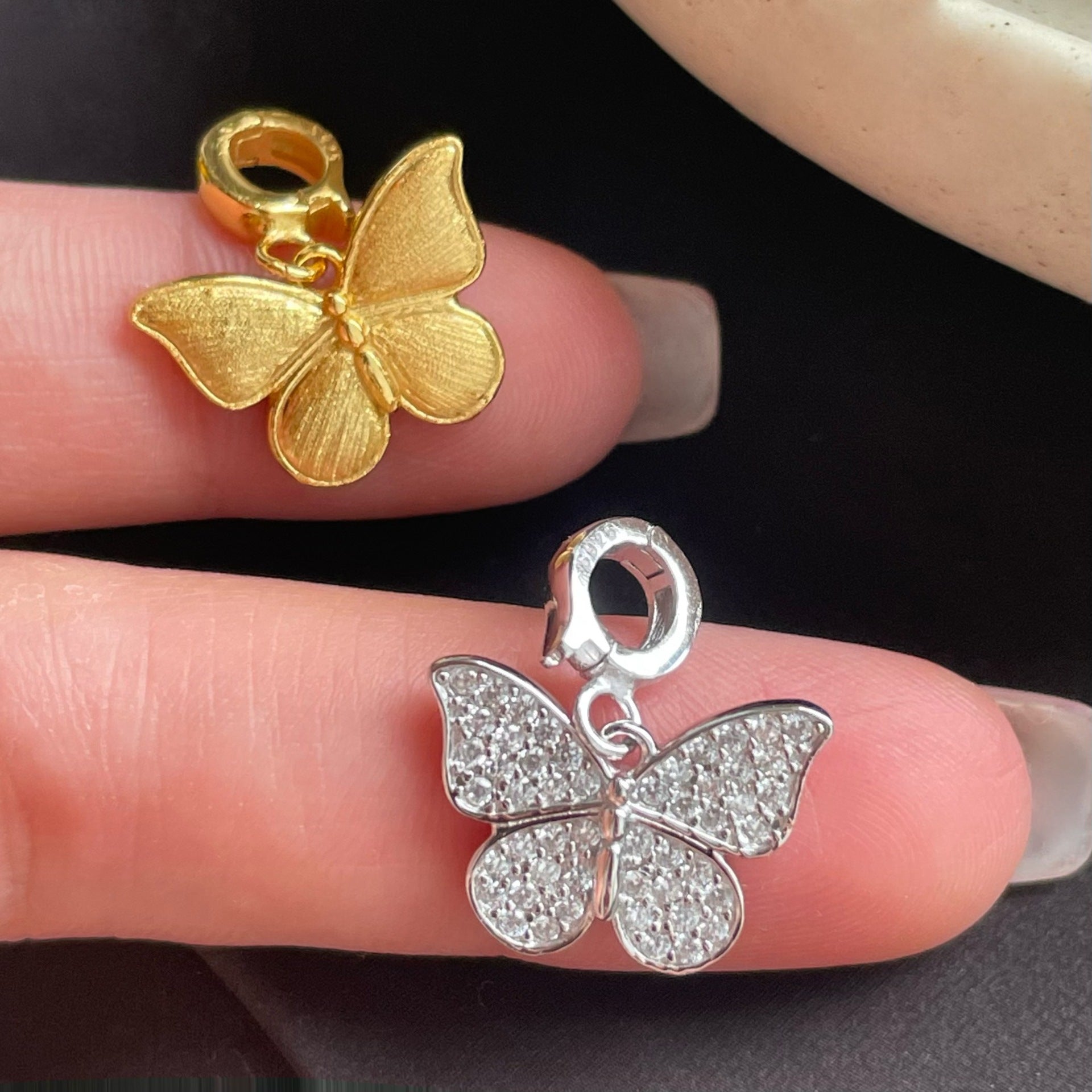 Elegant Butterfly Pendant In 925 Sterling Silver With Electroplated Gold Plating And Brushed Finish Featuring Artificial Rhinestones