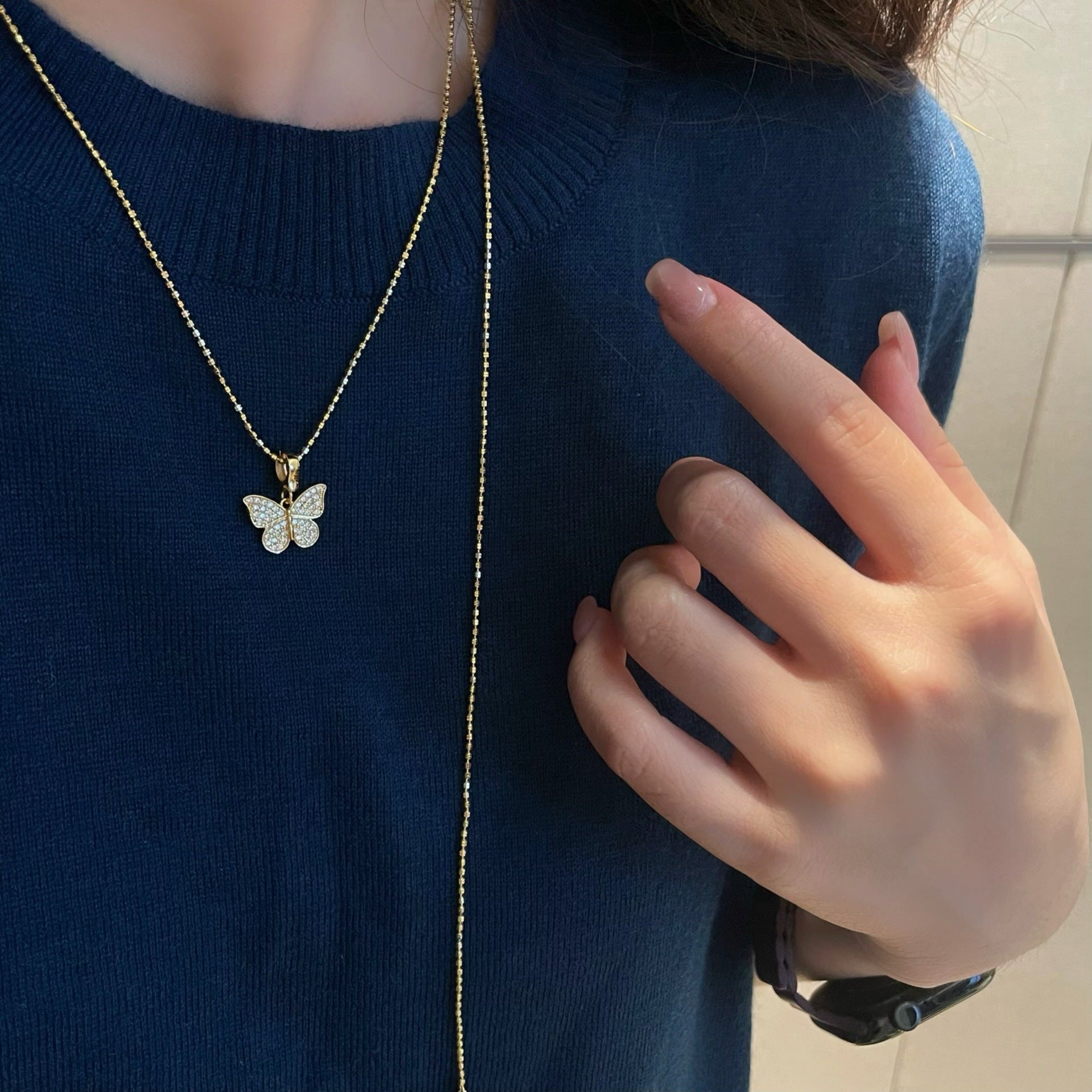 Elegant Butterfly Pendant In 925 Sterling Silver With Electroplated Gold Plating And Brushed Finish Featuring Artificial Rhinestones