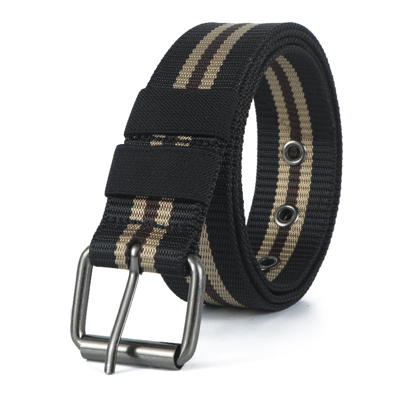 Men's Casual Tactical Belt With Stripe Pattern, Nylon Material, Featuring Iron Pin Buckle