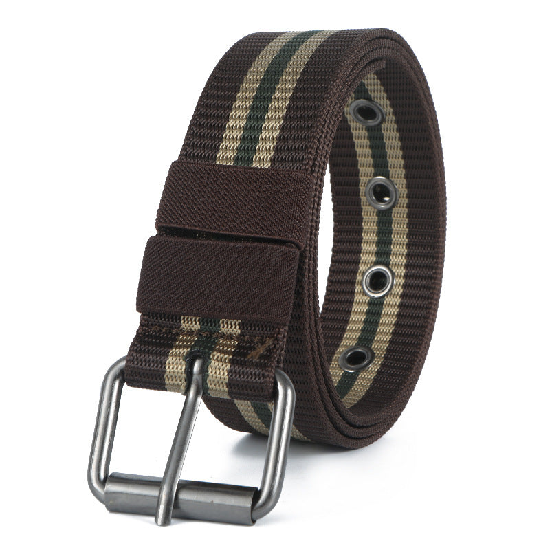 Men's Casual Tactical Belt With Stripe Pattern, Nylon Material, Featuring Iron Pin Buckle