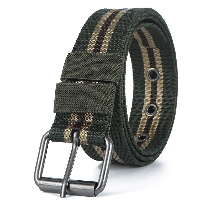 Men's Casual Tactical Belt With Stripe Pattern, Nylon Material, Featuring Iron Pin Buckle