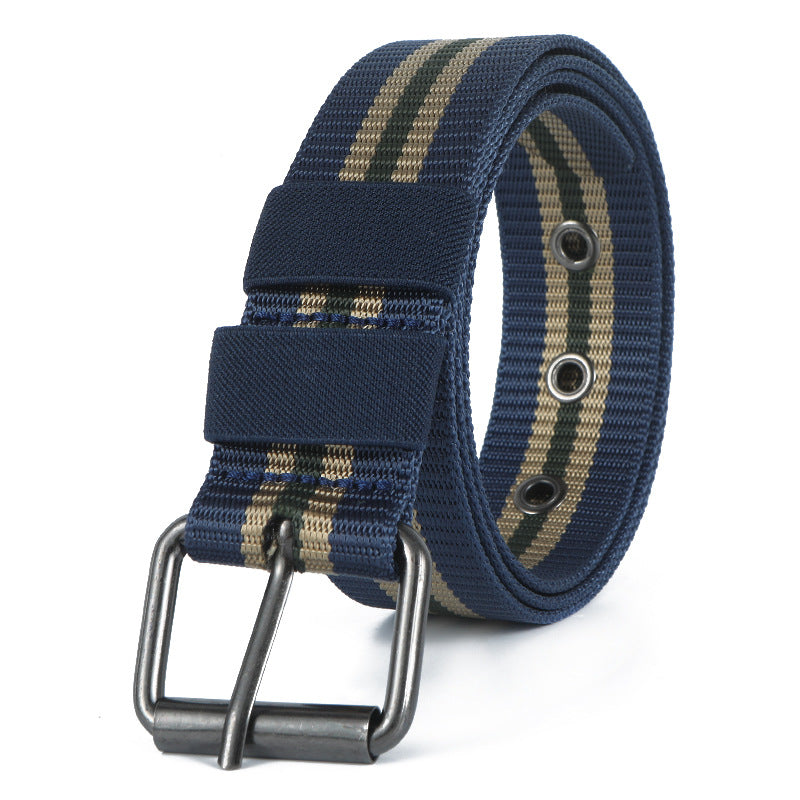 Men's Casual Tactical Belt With Stripe Pattern, Nylon Material, Featuring Iron Pin Buckle