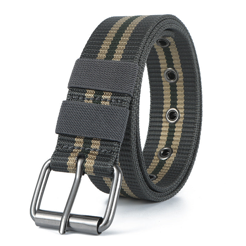 Men's Casual Tactical Belt With Stripe Pattern, Nylon Material, Featuring Iron Pin Buckle