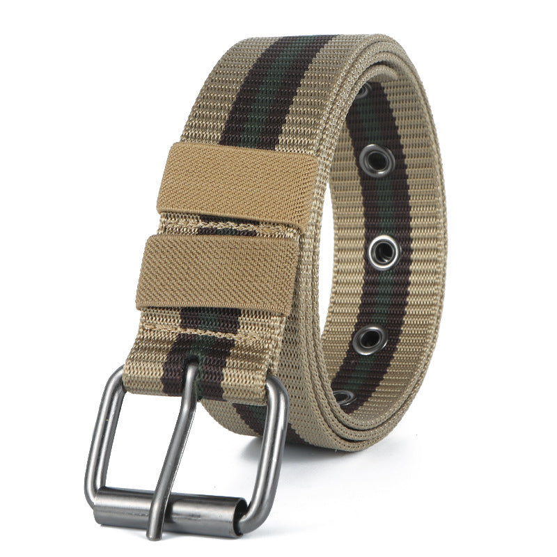 Men's Casual Tactical Belt With Stripe Pattern, Nylon Material, Featuring Iron Pin Buckle