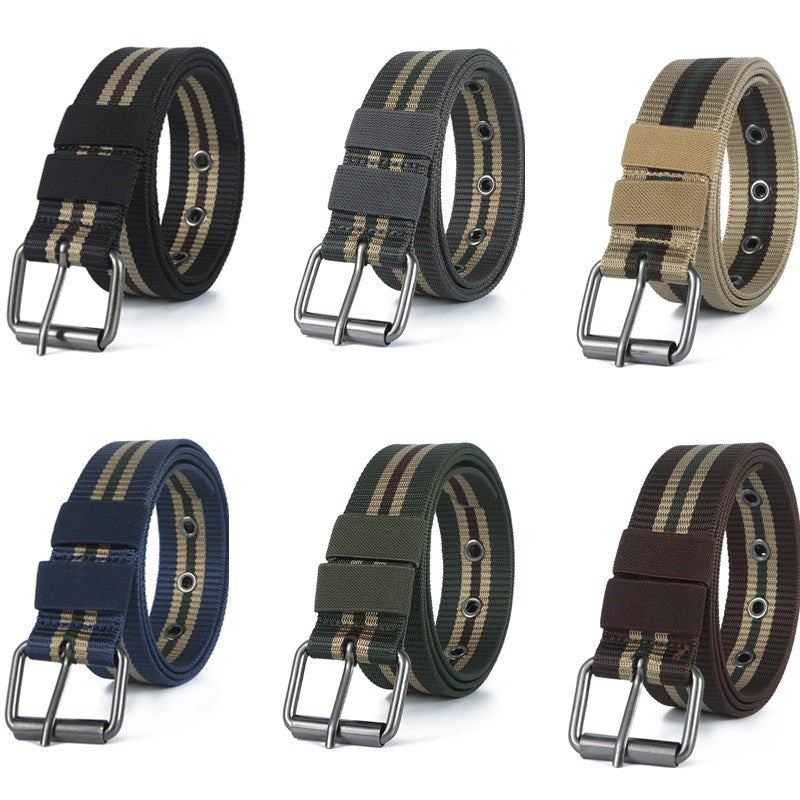 Men's Casual Tactical Belt With Stripe Pattern, Nylon Material, Featuring Iron Pin Buckle