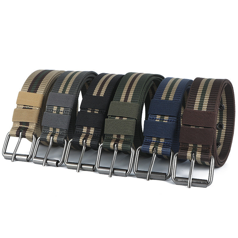 Men's Casual Tactical Belt With Stripe Pattern, Nylon Material, Featuring Iron Pin Buckle