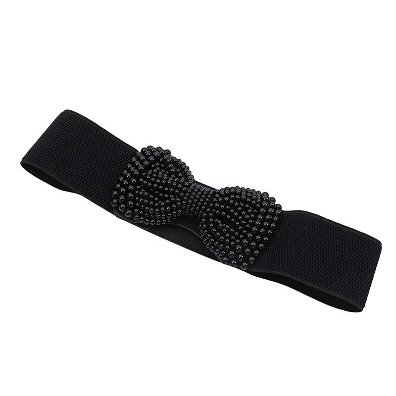 Lady PU Leather Corset Belt With Pearl Detail In Dyed Black For Women