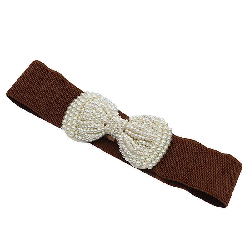 Lady PU Leather Corset Belt With Pearl Detail In Dyed Black For Women