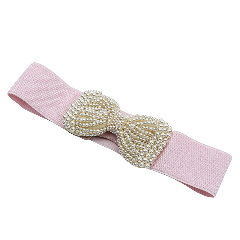 Lady PU Leather Corset Belt With Pearl Detail In Dyed Black For Women