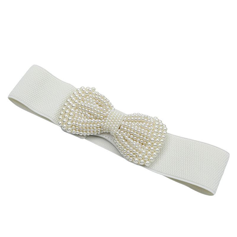 Lady PU Leather Corset Belt With Pearl Detail In Dyed Black For Women