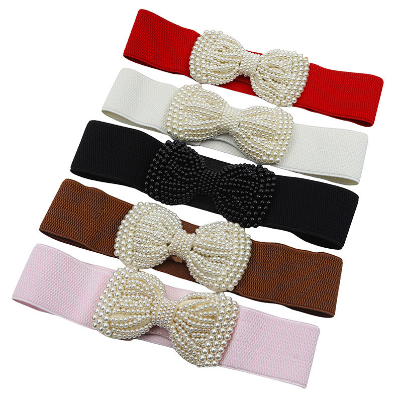 Lady PU Leather Corset Belt With Pearl Detail In Dyed Black For Women