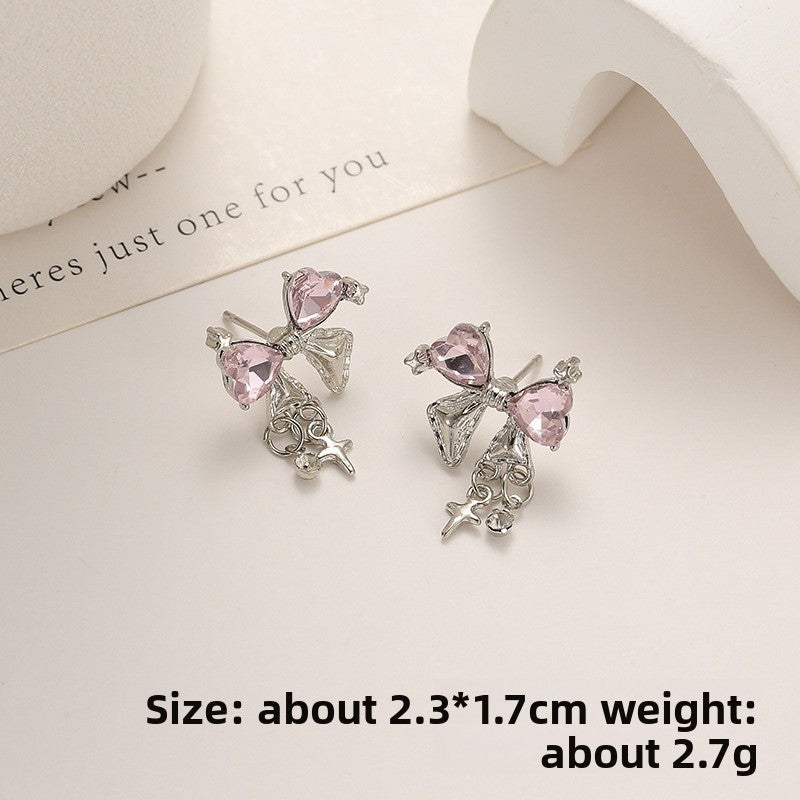 Sweet Natural Pink Bow Tie Stud Earrings For Women With Zircon Inlay In Alloy