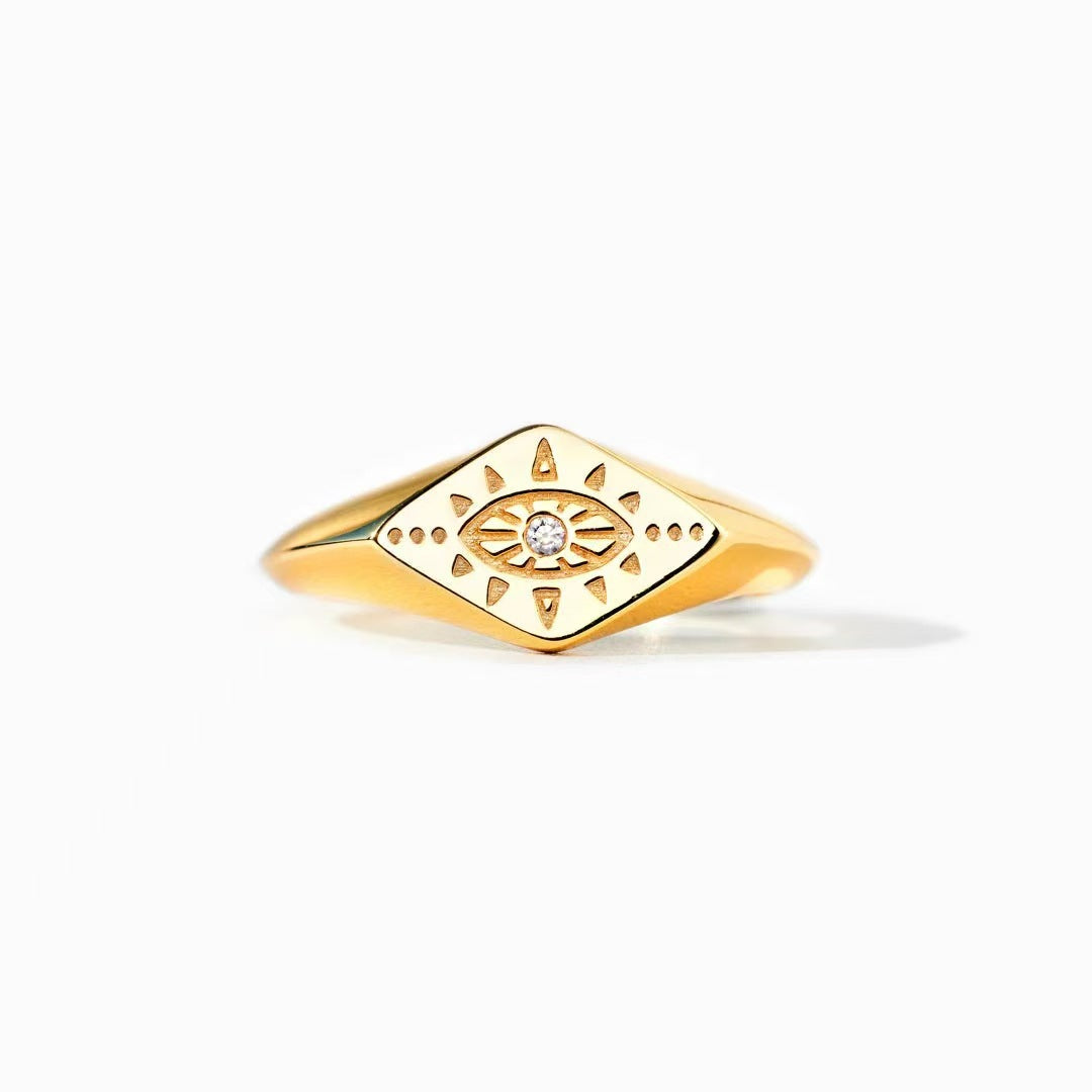 Devil's Eye Open Ring In Copper With Real Gold Plating And Zircon Inlay, Retro Style Unisex Jewelry