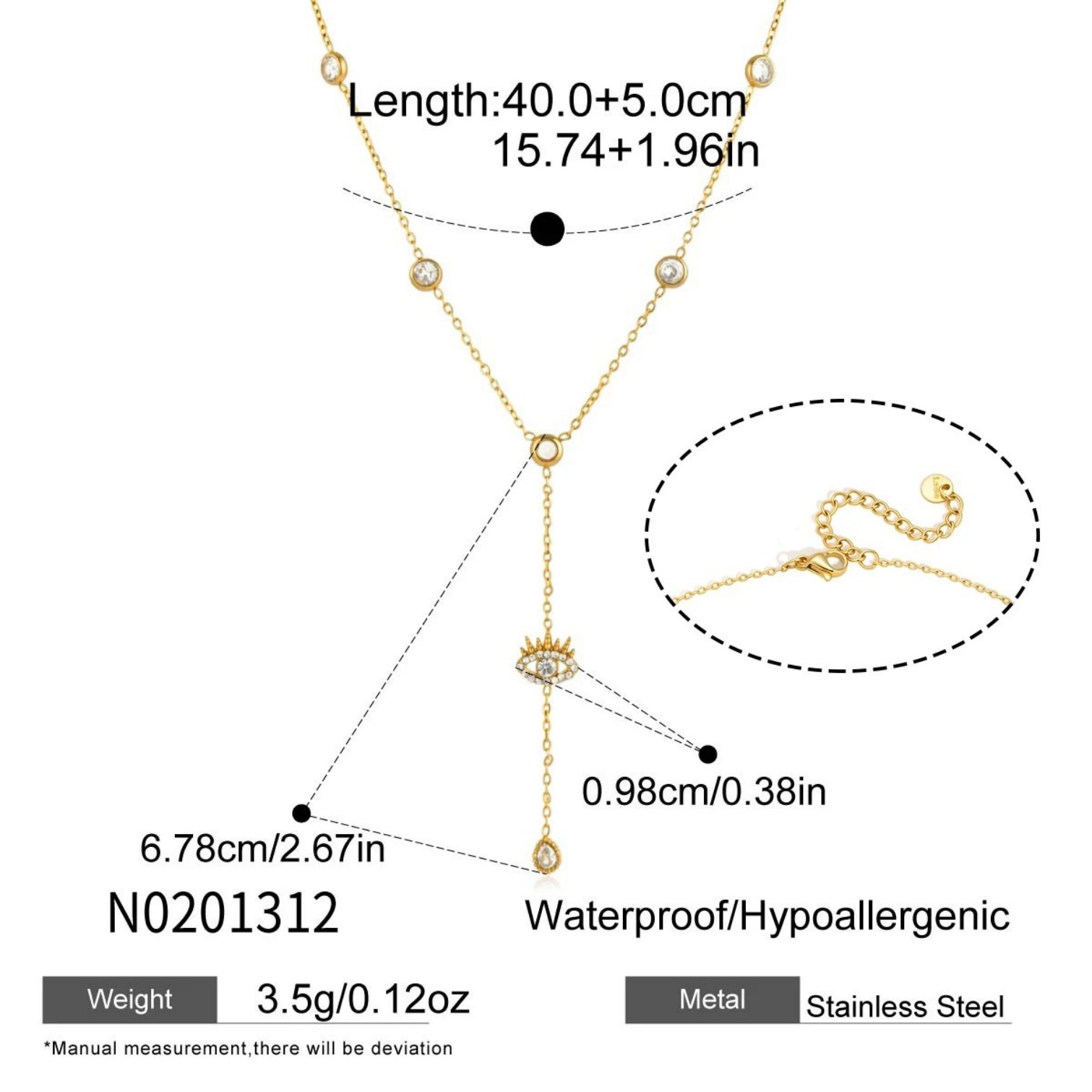 Hypoallergenic Tassel Necklace For Women With Handmade Chain, 304 Stainless Steel, 18K Real Gold Plated And Zircon Inlay, PVD Coated