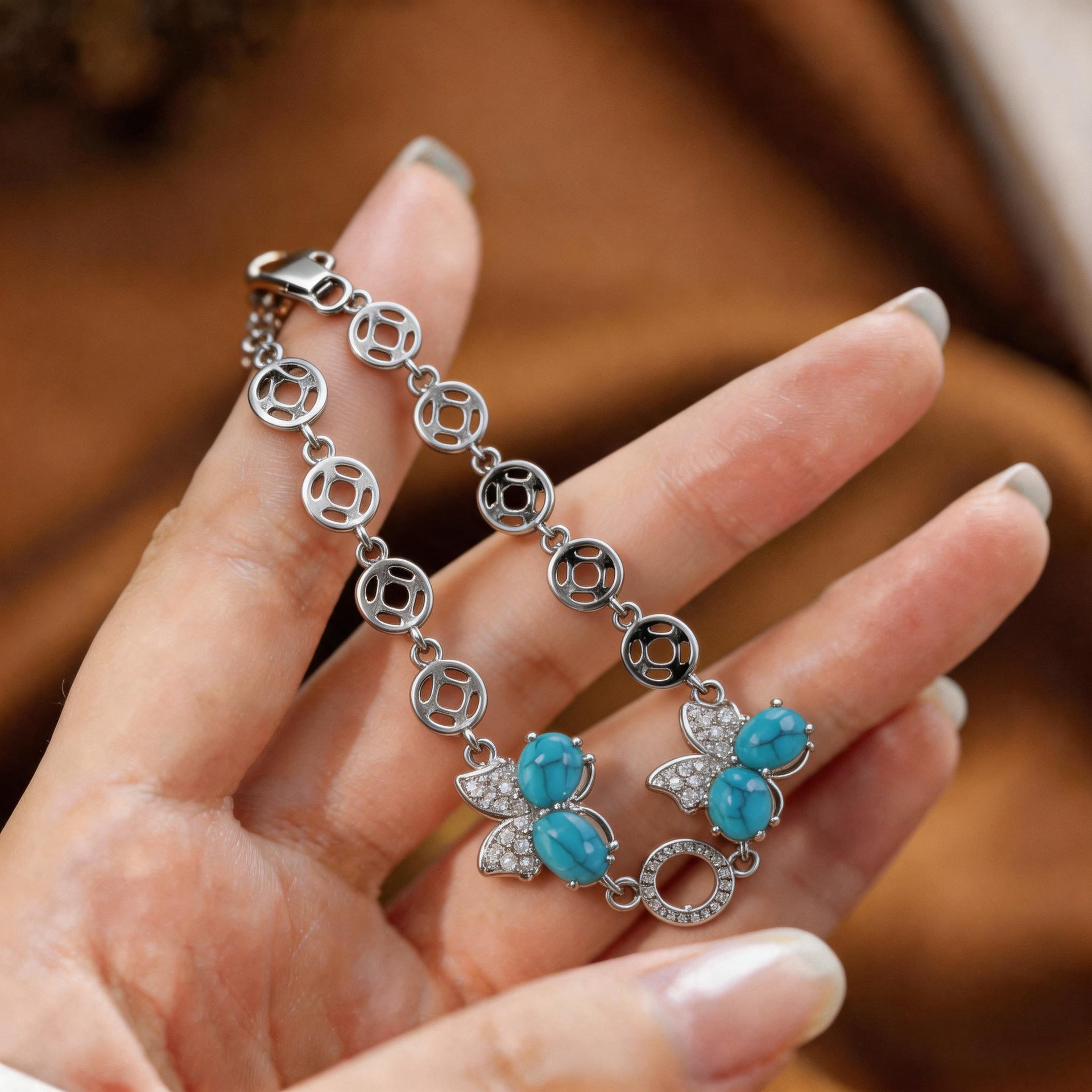 Handmade Butterfly Bracelet For Women In Copper With Platinum Plated Electroplated Finish And Zircon Inlay On Cable Chain