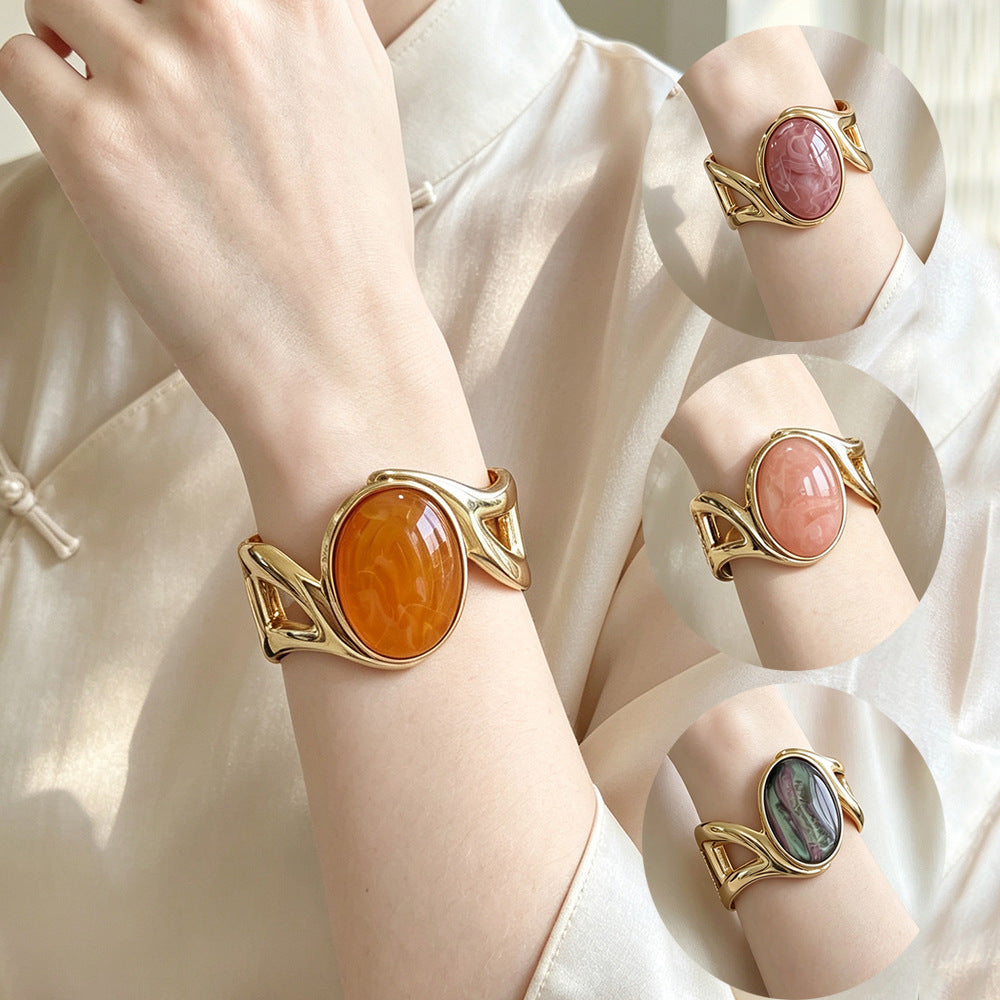 Oval Bangle For Women With Multicolor Synthetic And Artificial Gemstones, Electroplated Gold Plating
