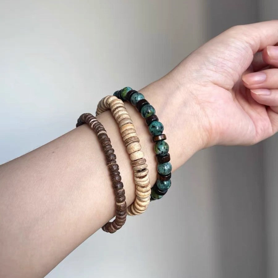 Ethnic Style Circle Beading Bracelet With Wooden Beads And Turquoise Inlay For Unisex