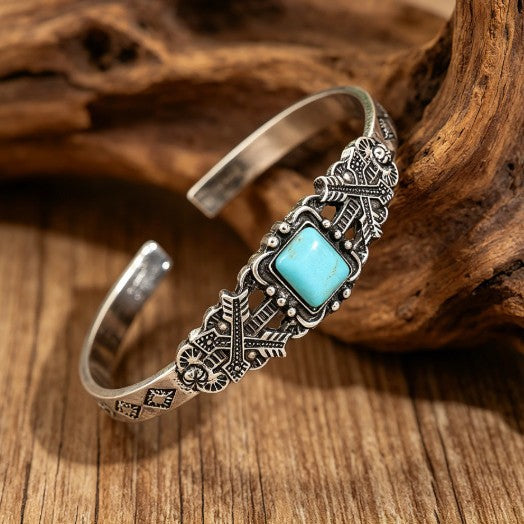 Bohemian Silver Alloy Bangle For Women Featuring Carved Flowers And Turquoise Inlay