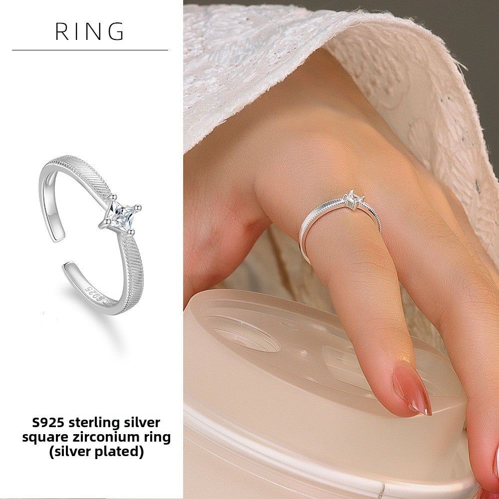Geometric Open Ring For Women In Simple Style, 925 Sterling Silver With Brushed Finish And Zircon Inlay