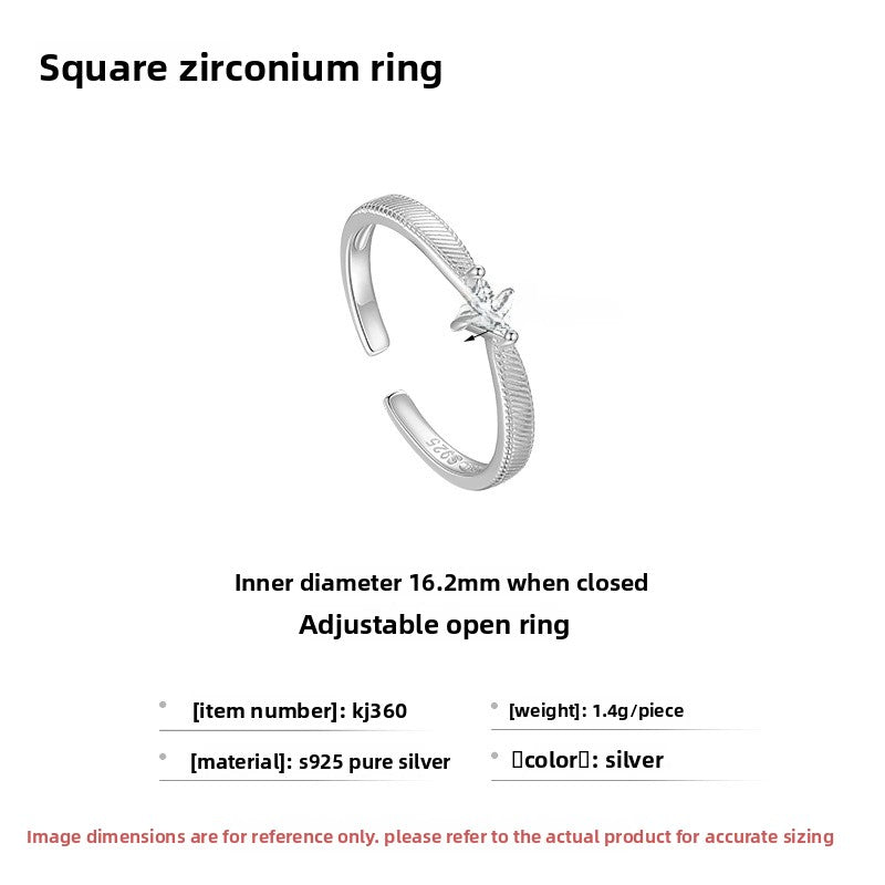 Geometric Open Ring For Women In Simple Style, 925 Sterling Silver With Brushed Finish And Zircon Inlay