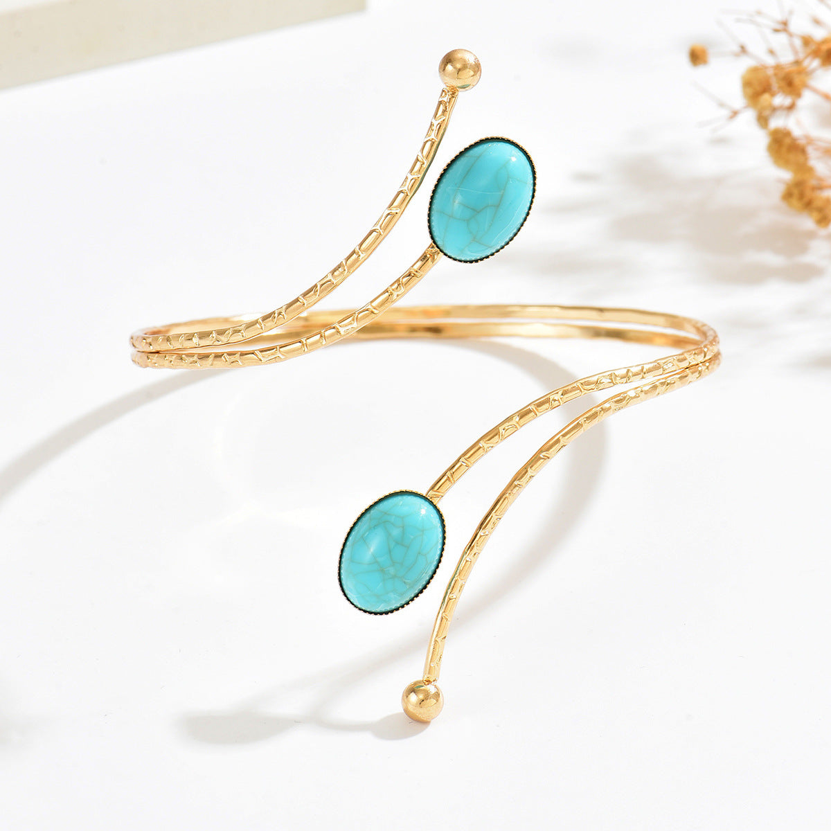 Exaggerated Oval Gold Arm Cuff Bangle In Electroplated Metal Featuring Turquoise Inlay
