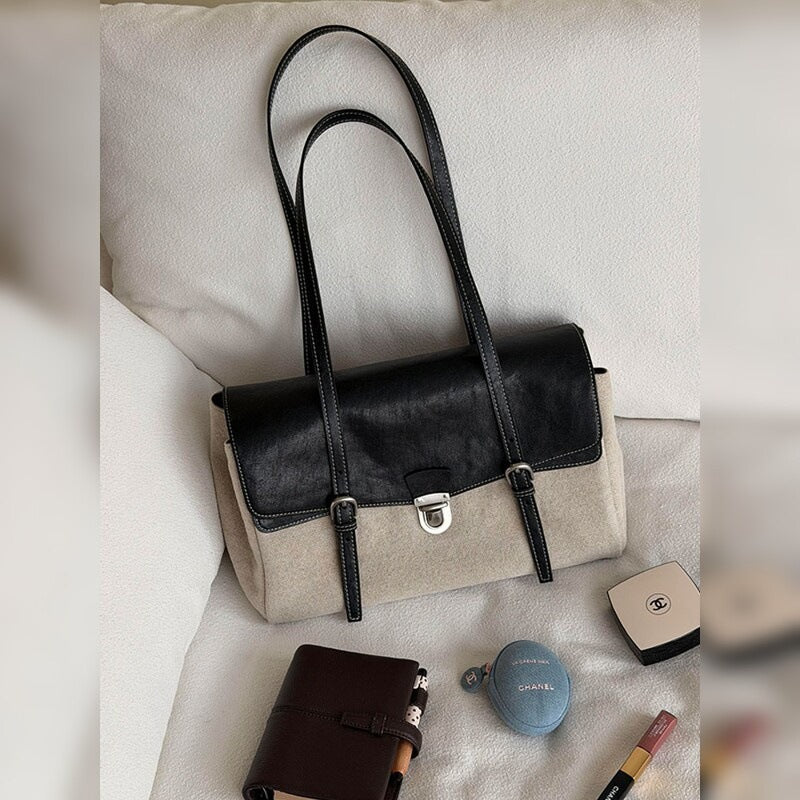 Color Block Square Canvas Handbag For Women With Top Handle, Perfect For  Spring And Summer