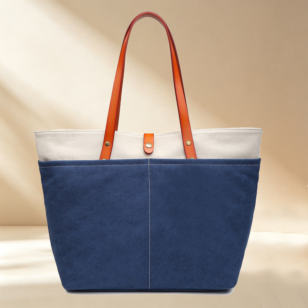 Color Block Square Canvas Tote Bag For Women With Single Shoulder Strap And Large Capacity