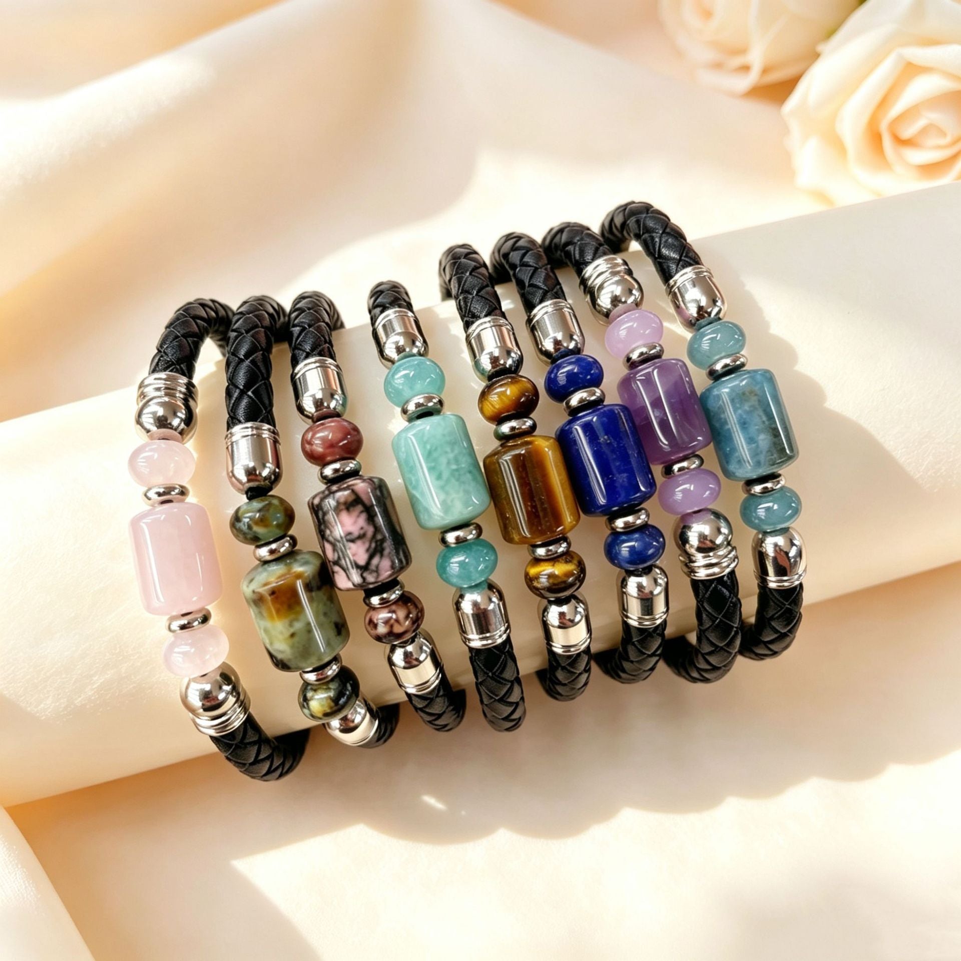 Handmade Stripe Unisex Bracelet With PU Leather Rope Chain And Crystal Inlay Material