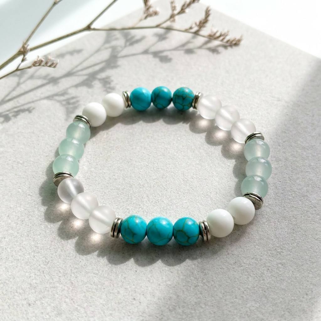 Heart Shape Beaded Bracelet In Green Natural Stone With Turquoise Inlay, Unisex Design