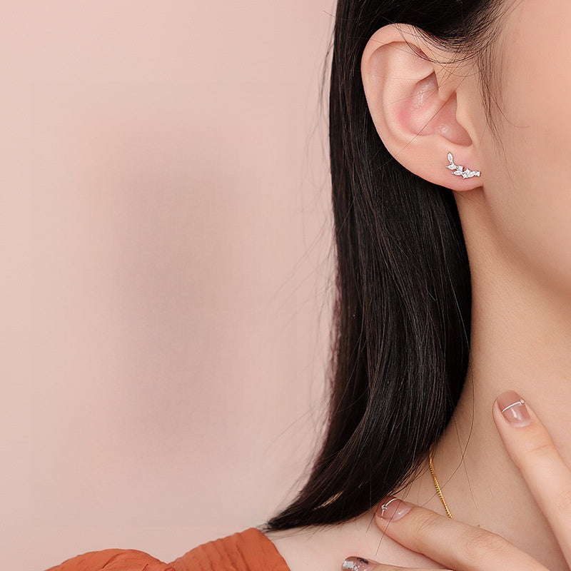 Leaf Stud Earrings In 925 Sterling Silver With Platinum Plating, Zircon Inlay, New Style For Women