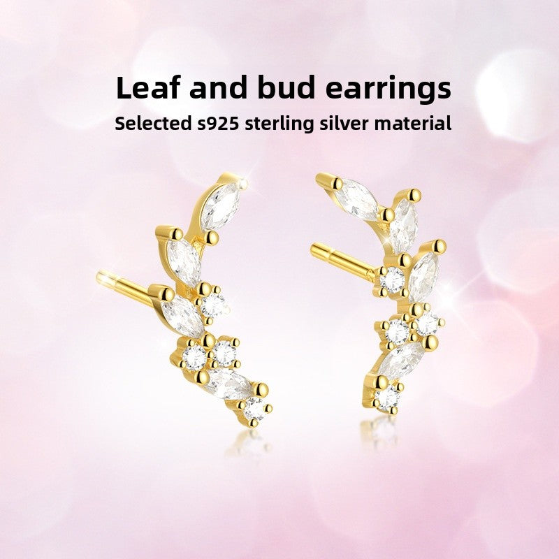 Leaf Stud Earrings In 925 Sterling Silver With Platinum Plating, Zircon Inlay, New Style For Women
