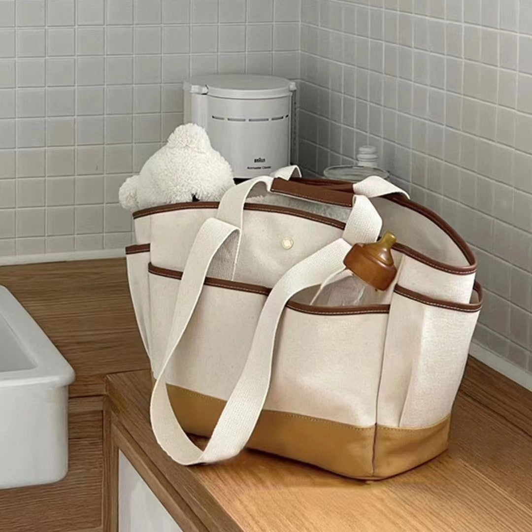 Color Block Square Canvas Diaper Backpack For Women With Single Shoulder Strap, Ideal For Summer