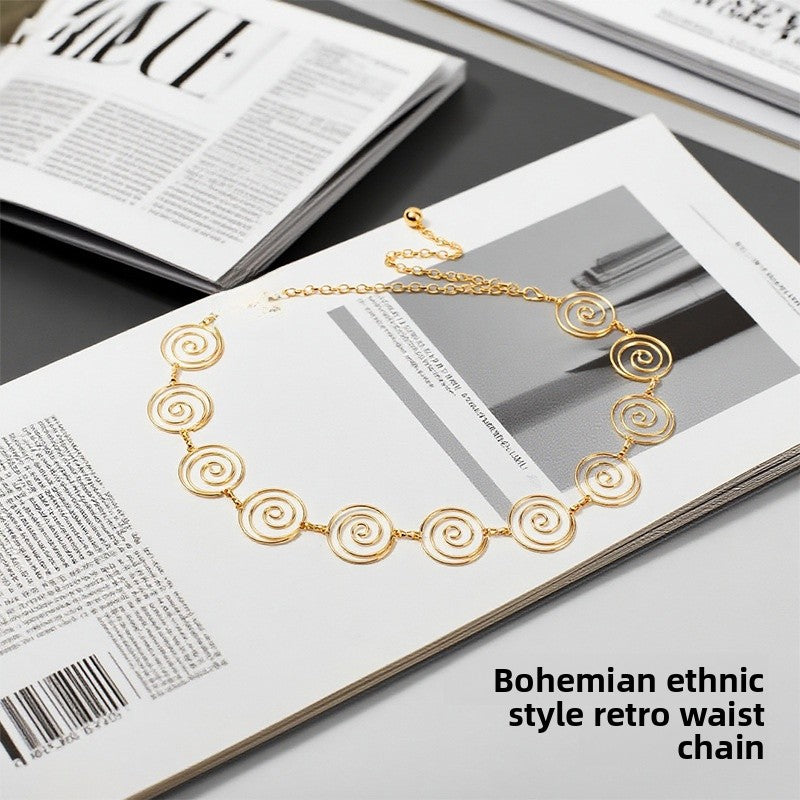 Bohemian Spiral Waist Chain For Women In Frosted Gold Metal Finish