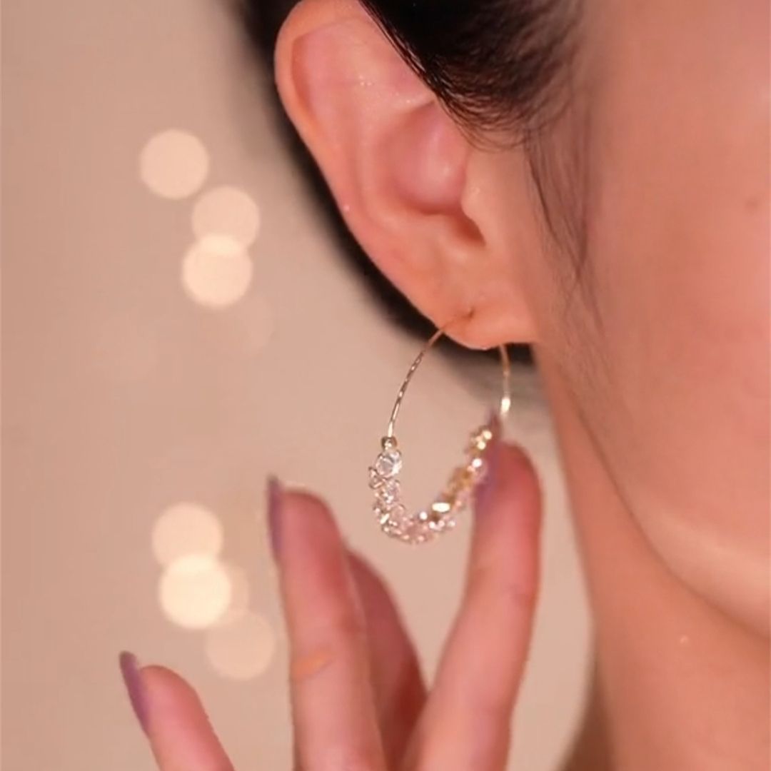 Luxurious C Shape Hoop Earrings For Women In White K Plated Alloy With Zircon Inlay And Bezel Setting