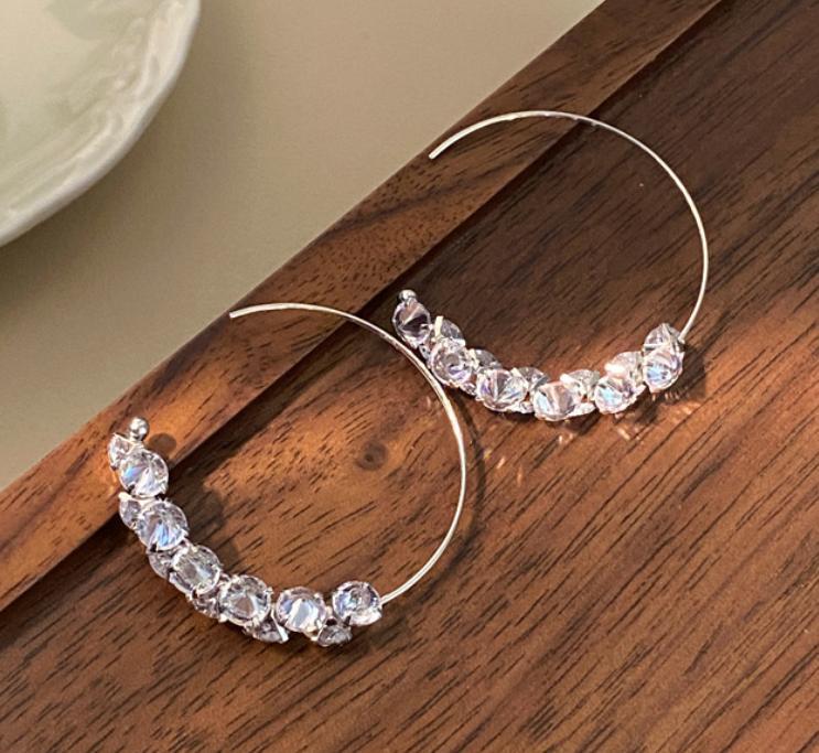 Luxurious C Shape Hoop Earrings For Women In White K Plated Alloy With Zircon Inlay And Bezel Setting