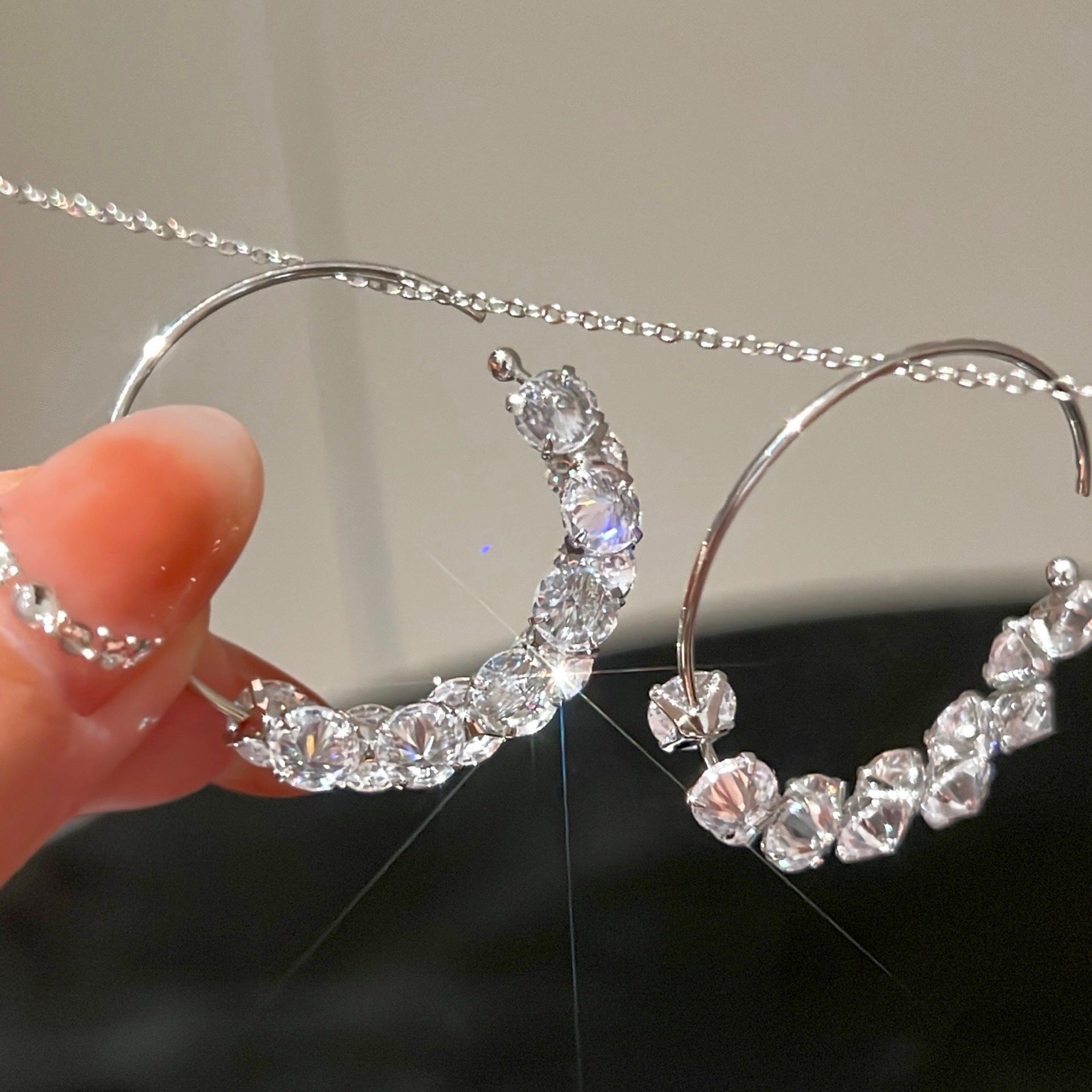 Luxurious C Shape Hoop Earrings For Women In White K Plated Alloy With Zircon Inlay And Bezel Setting