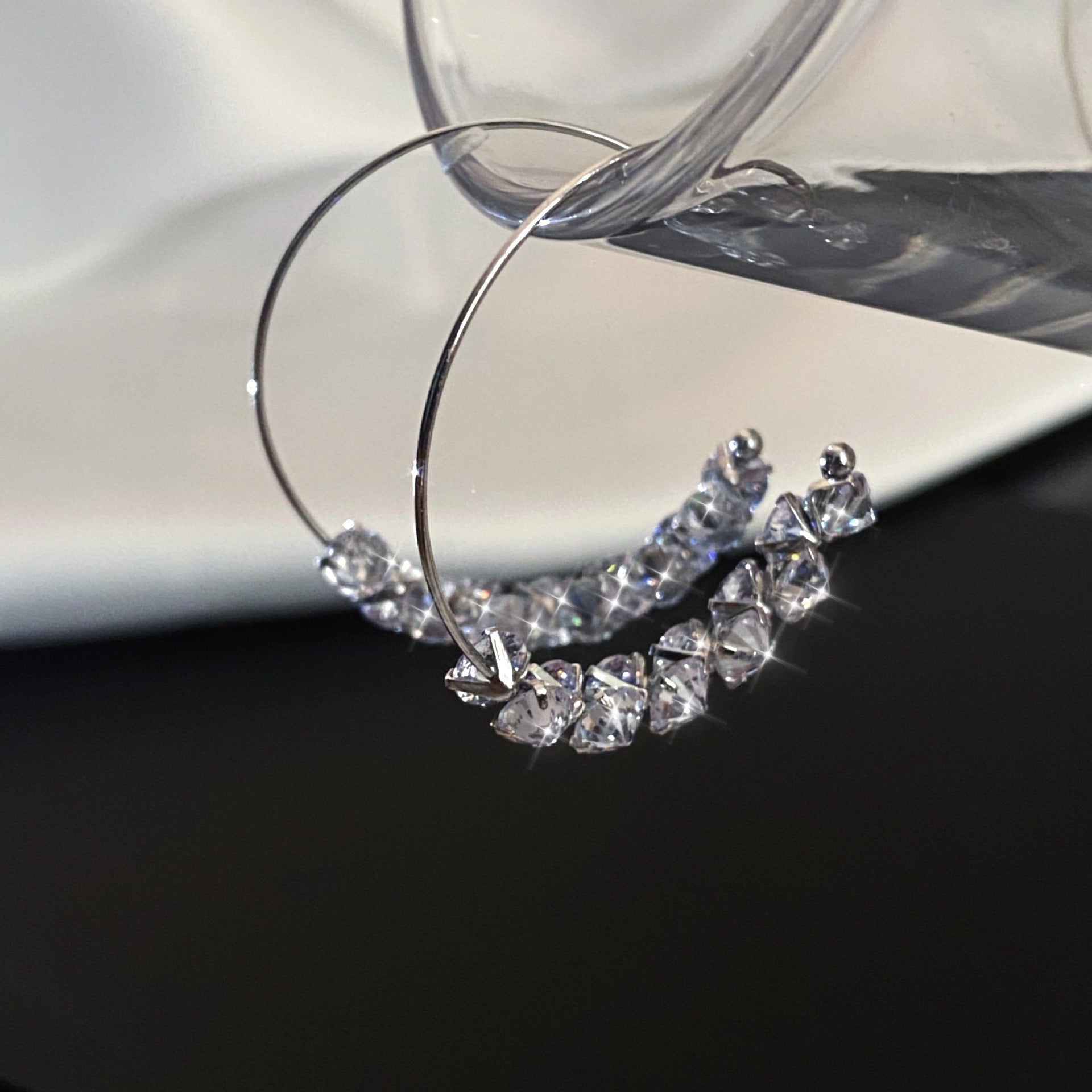 Luxurious C Shape Hoop Earrings For Women In White K Plated Alloy With Zircon Inlay And Bezel Setting