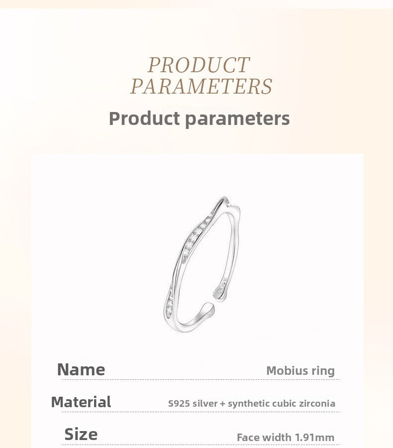 Infinity Open Ring In 925 Sterling Silver With Rhinestones, Electroplated Finish And Twist Craftsmanship, Unisex Simple Style