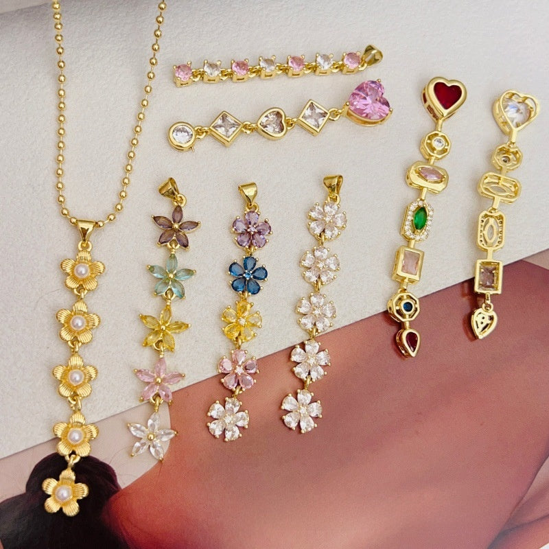 Sweet Multicolor Flowers Copper Pendant With Zircon Inlay Jewelry Accessories
