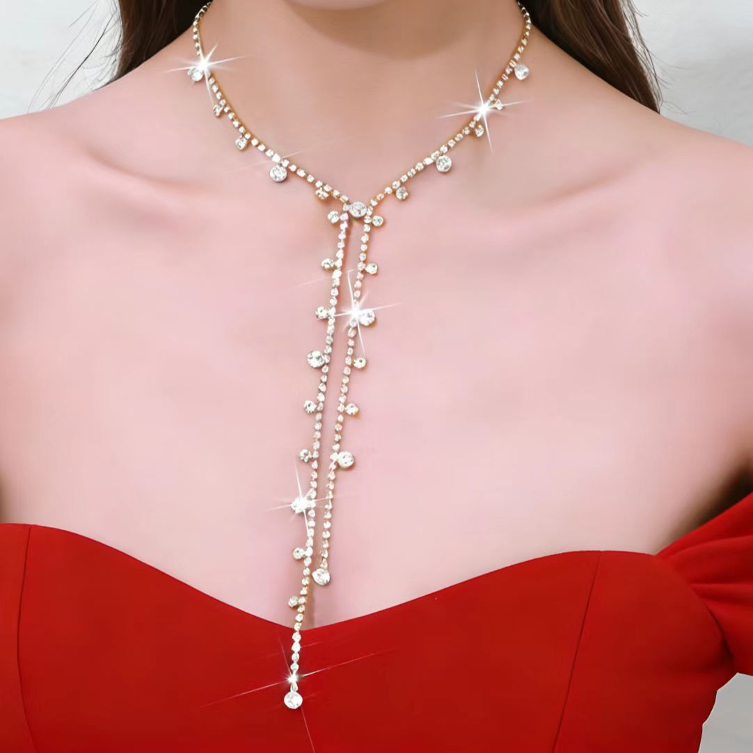 Gold Tassel Long Necklace For Women With Copper Pendant And Rhinestone Inlay, Made Of 304 Stainless Steel