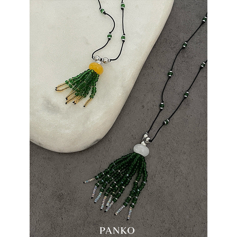 Ethnic Style Tassel Necklace For Women With Handmade Chain Featuring Green Seed Bead Beading