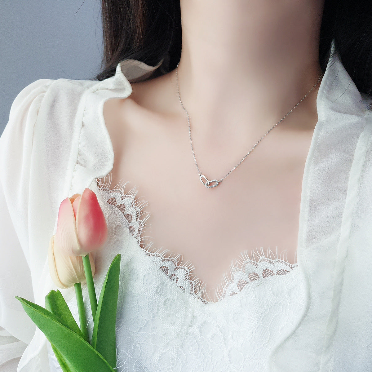 Double Ring Necklace For Women In Simple Style, 925 Sterling Silver Pendant With Silver Cable Chain