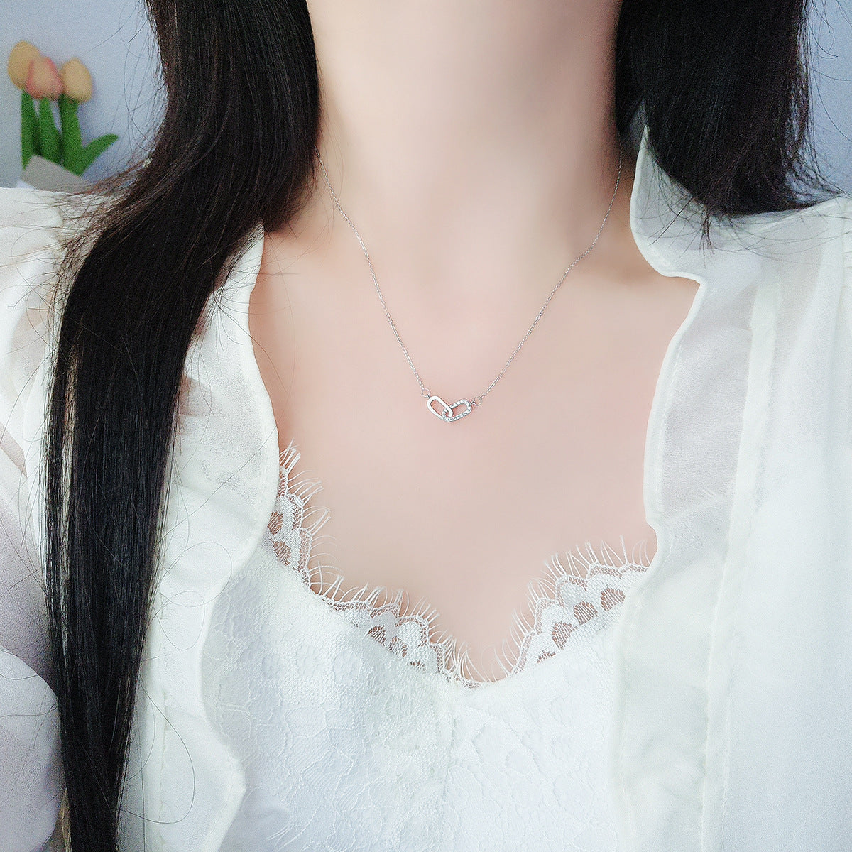 Double Ring Necklace For Women In Simple Style, 925 Sterling Silver Pendant With Silver Cable Chain