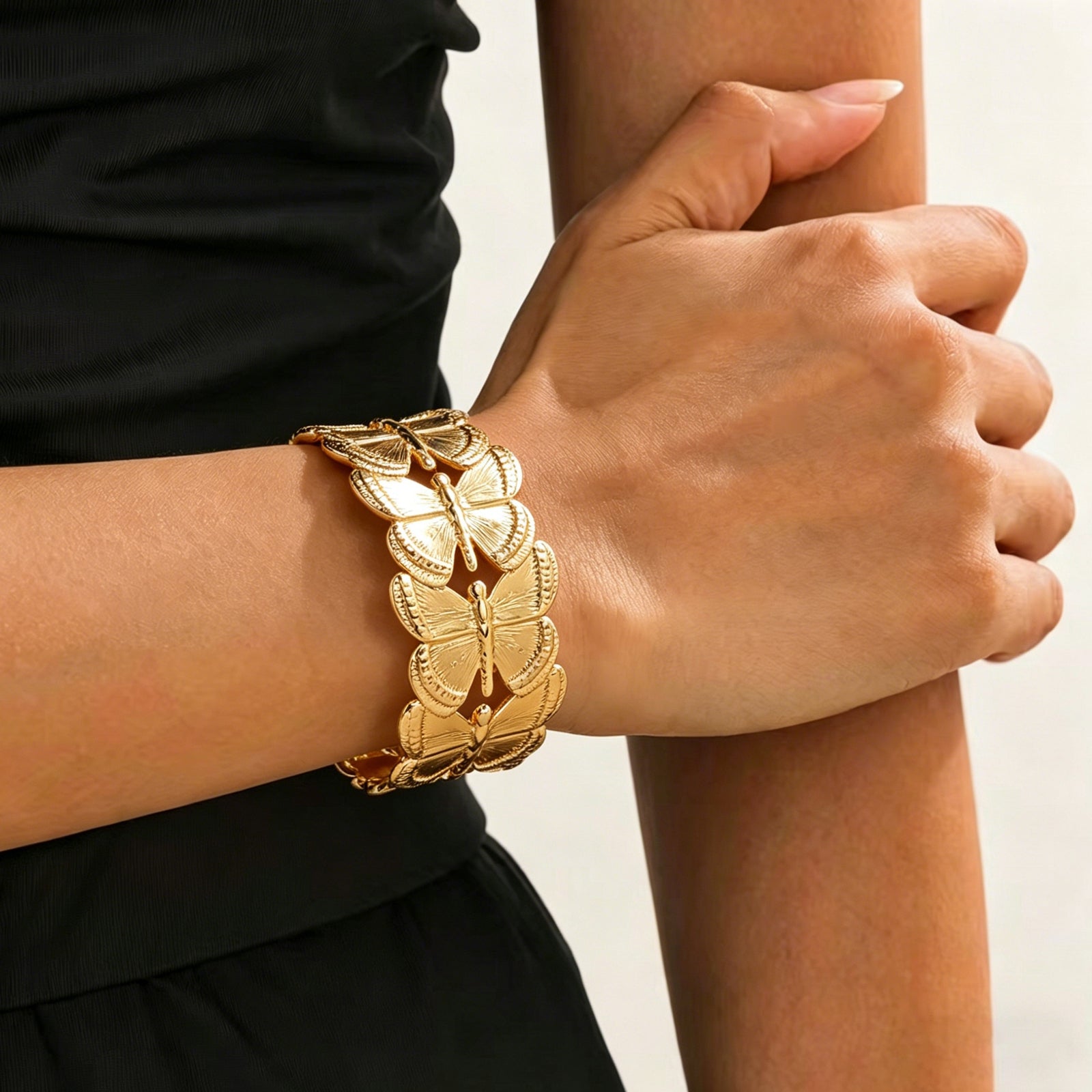 Asymmetrical Butterfly Couple Cuff Bracelets In 304 Stainless Steel With Gold Plated Finish And 0.05-0.08µm Coating