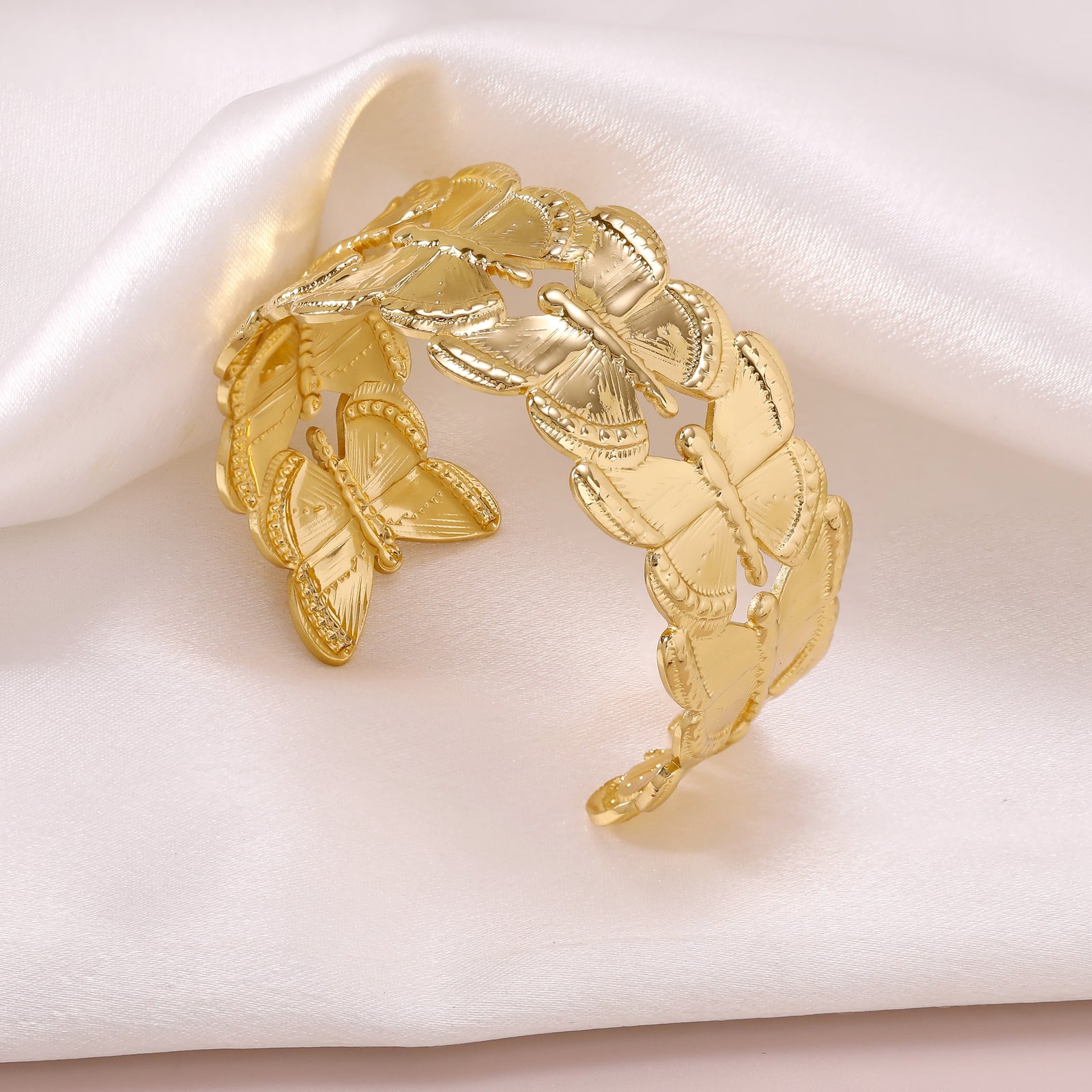 Asymmetrical Butterfly Couple Cuff Bracelets In 304 Stainless Steel With Gold Plated Finish And 0.05-0.08µm Coating