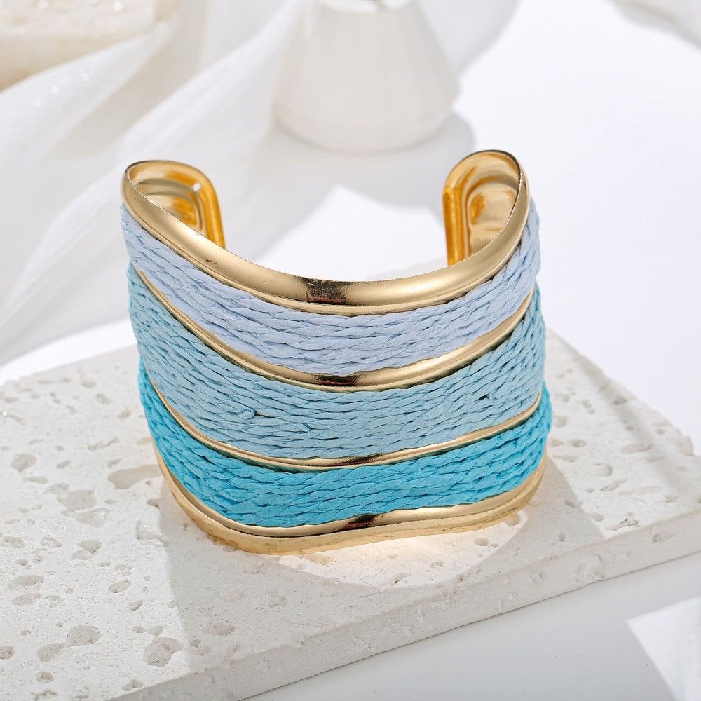 Bohemian Raffia Bangle With Colourful Braid Design, Stylish And Lightweight Accessory
